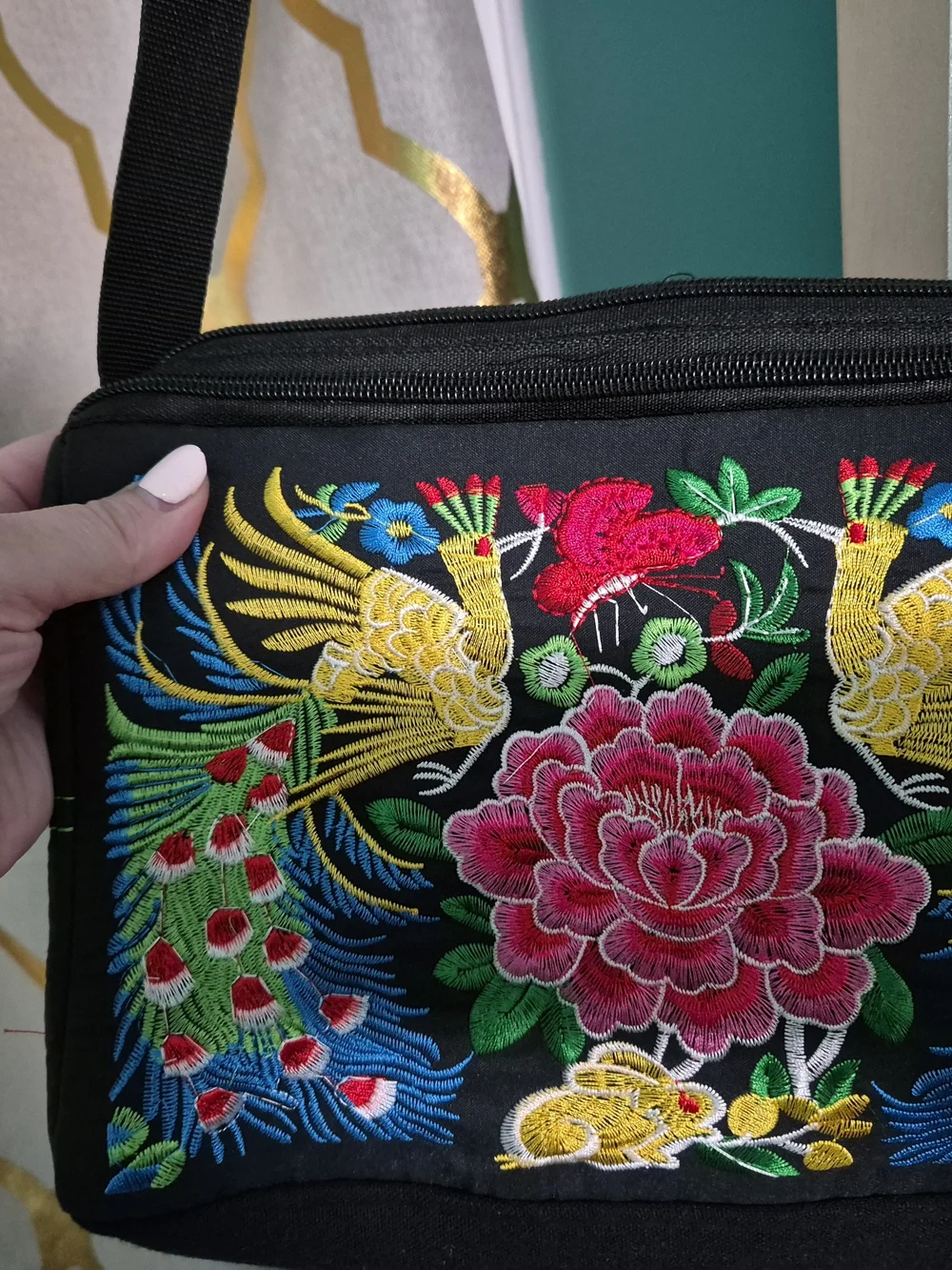 Embroidered Floral & Peacock Crossbody Bag in Black and Pink
